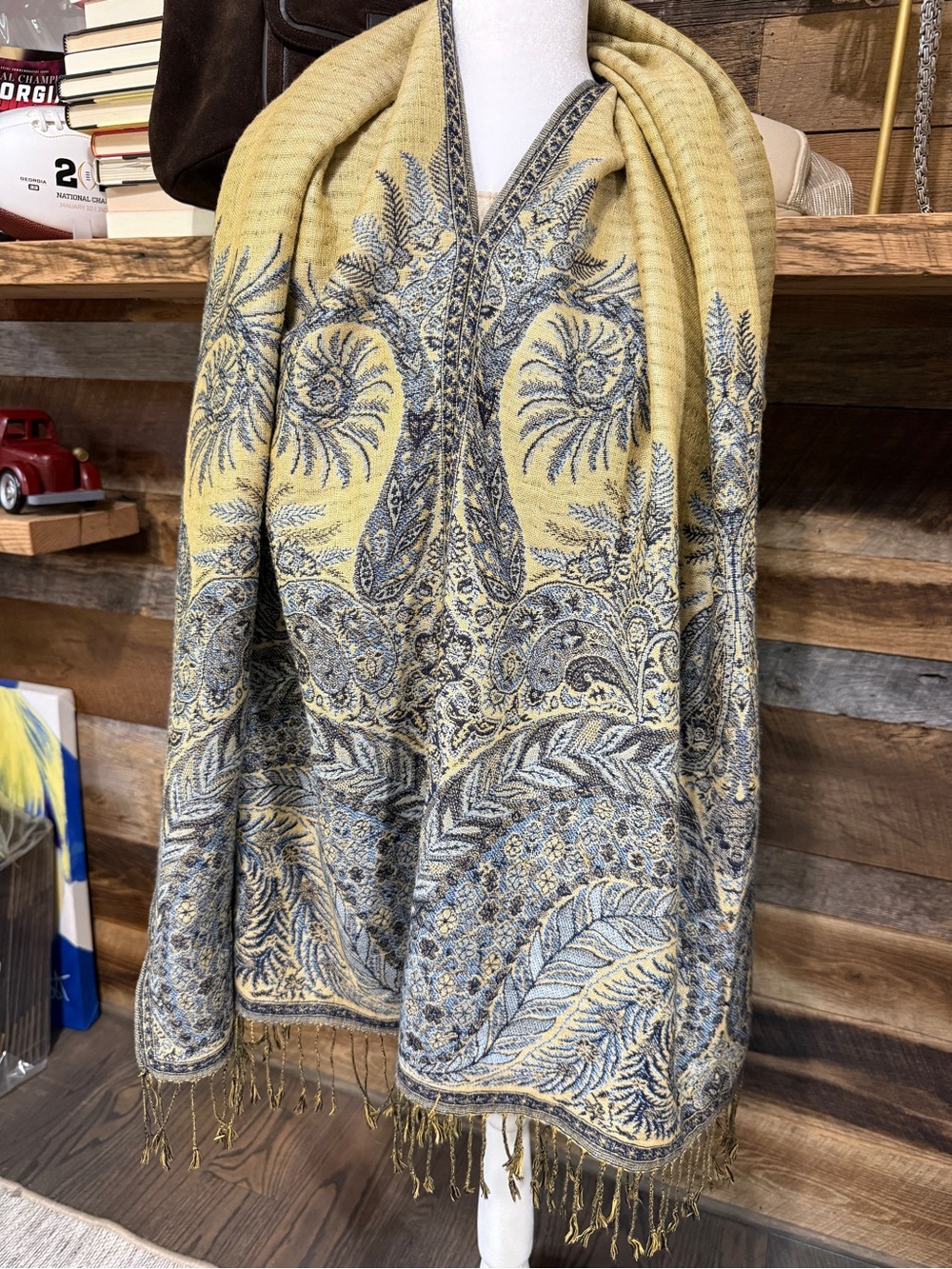 pashmina Blue and Yellow Paisley Fringe Scarf